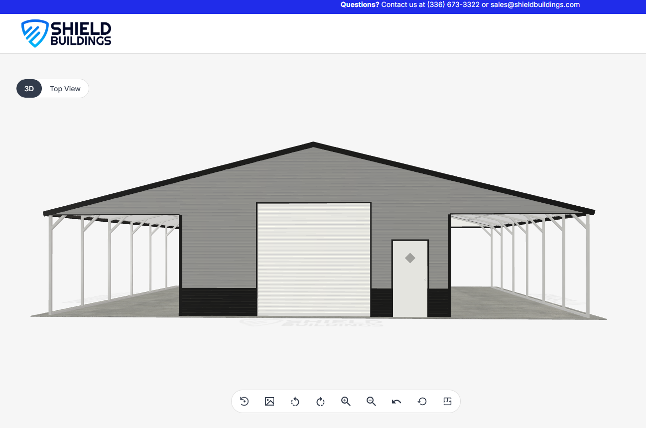 3D rendering of a metal garage with lean-tos, roll-up door, and walk-in entry