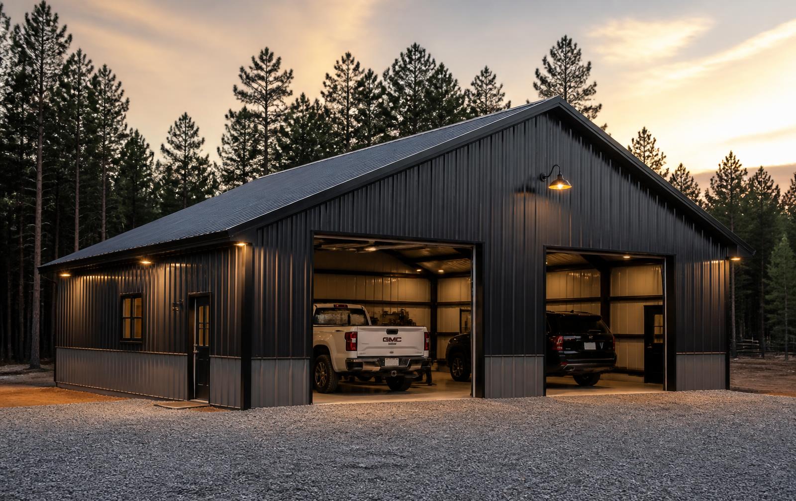Custom dark metal garage installed at dusk